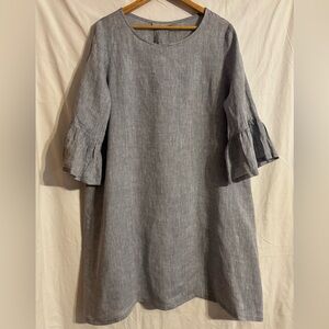 Bryn Walker linen bell sleeve shift boat neck 3/4 sleeve dress with ruffles.
